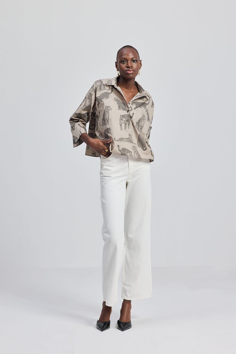 Oversized Cropped Button-Down Shirt, Alternate, color, Grey