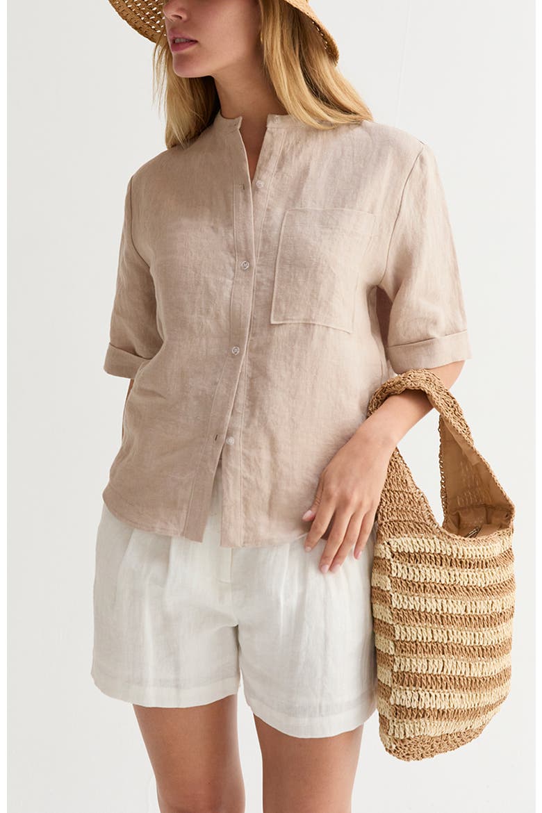 Mandarin Collar Button Up Linen Top, Alternate, color, Oatmeal