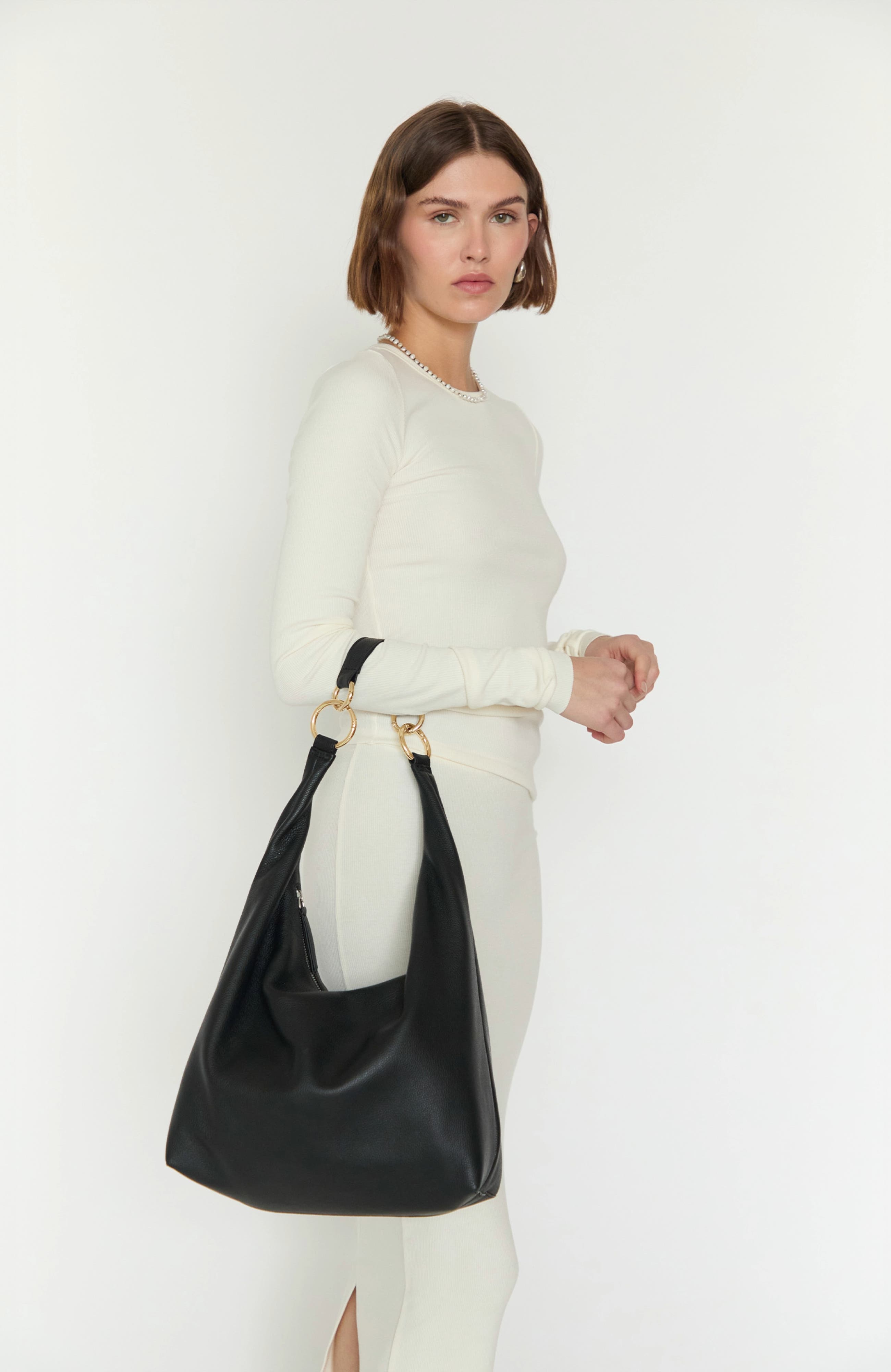 HYER GOODS Leather Convertible Hobo Ring Bag, Alternate, color, Black/Gold