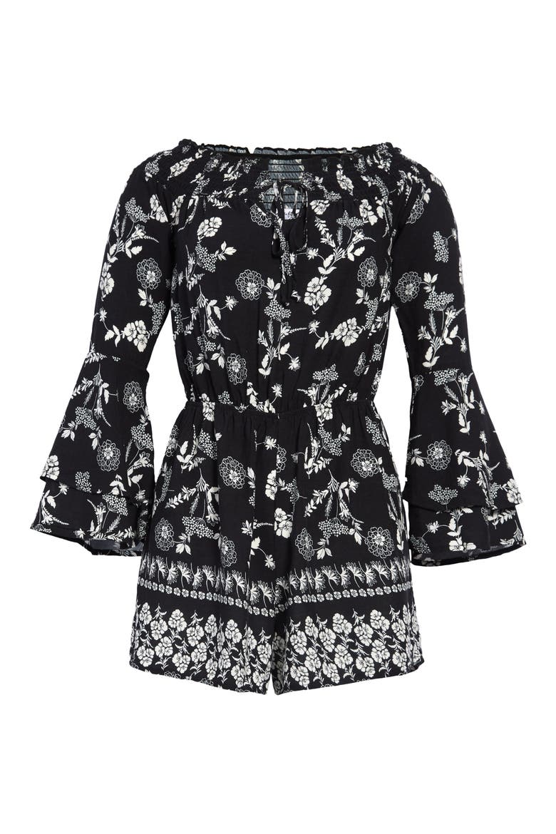 Floral Off the Shoulder Bell Sleeve Romper, Main, color, BLACK WHITE PRINT