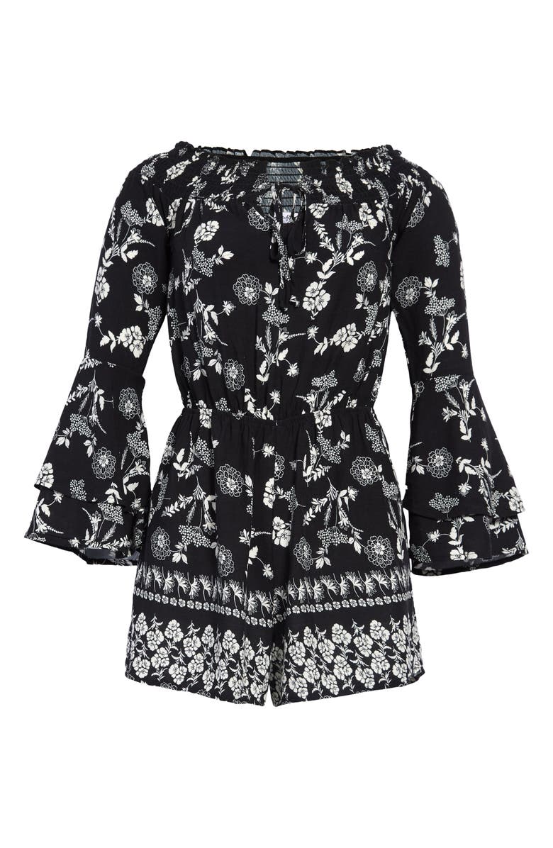 Love, Fire Floral Off the Shoulder Bell Sleeve Romper, Main, color,