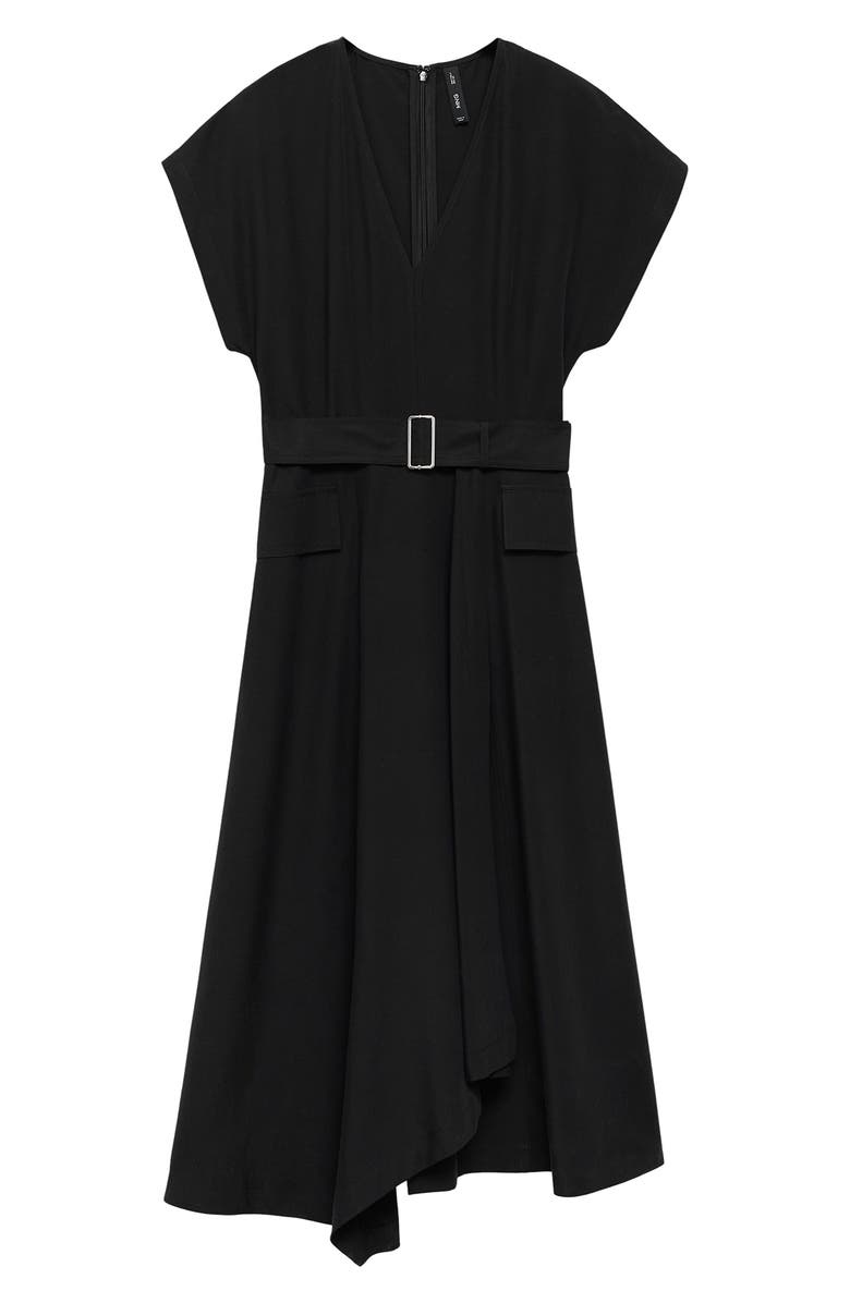 MANGO Belted Asymmetric Hem Midi Dress, Alternate, color, Black