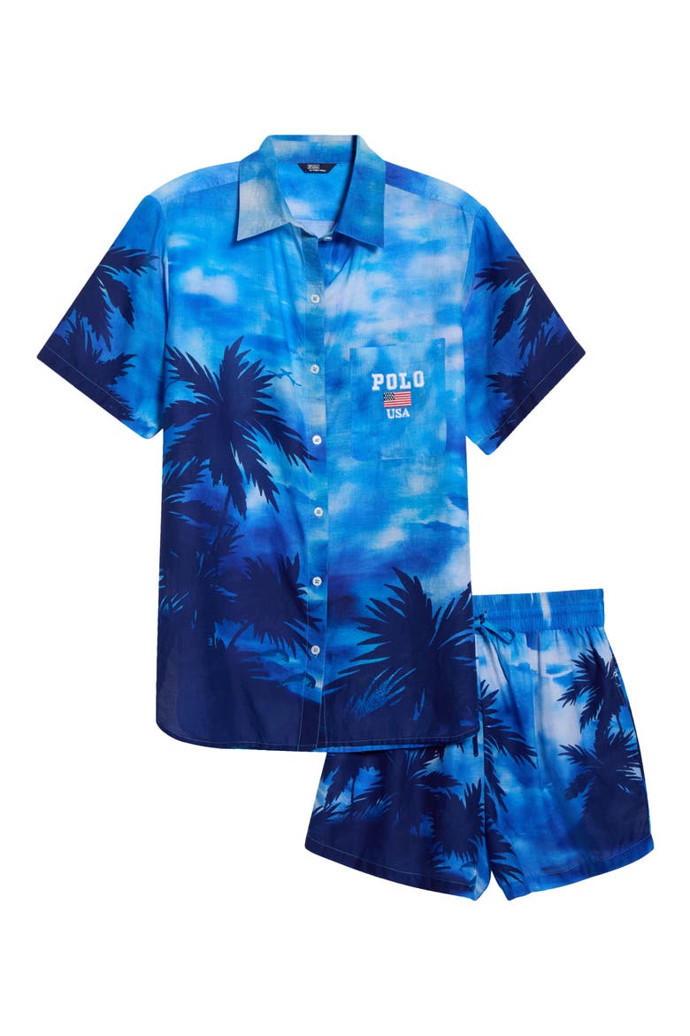 Palm Print Short Sleeve Shirt & Shorts Set, Alternate, color, BLUE MULTI