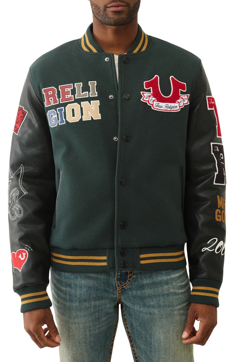 True Religion Cat Varsity Jacket, Main, color, Green Gables / Jet Black