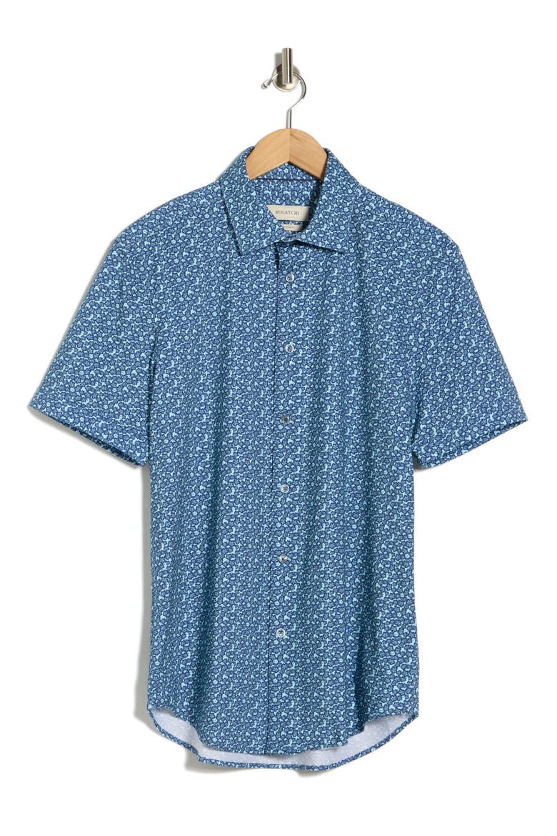 Floral Print Short Sleeve Button-Up Shirt, Alternate, color, AQUA