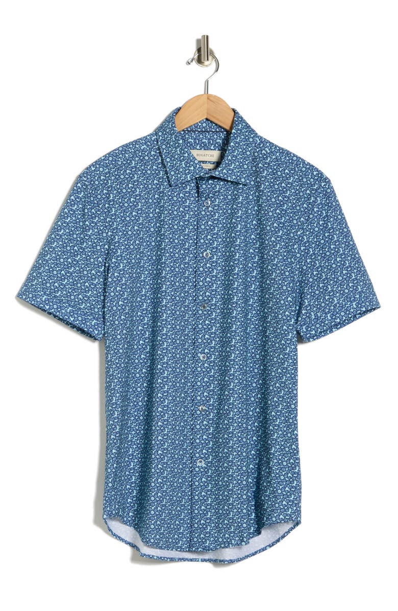 Bugatchi Floral Print Short Sleeve Button-Up Shirt, Main, color, Aqua