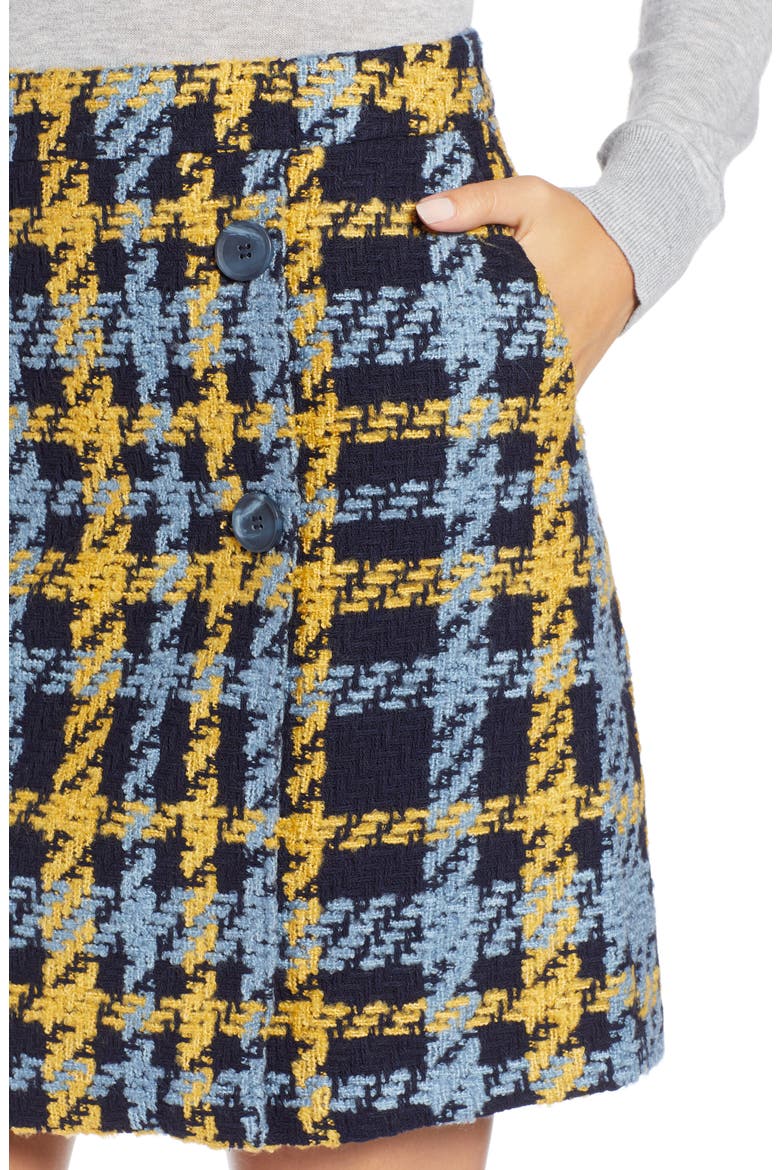 Button Detail Plaid Skirt, Alternate, color, NAVY- YELLOW TWEED