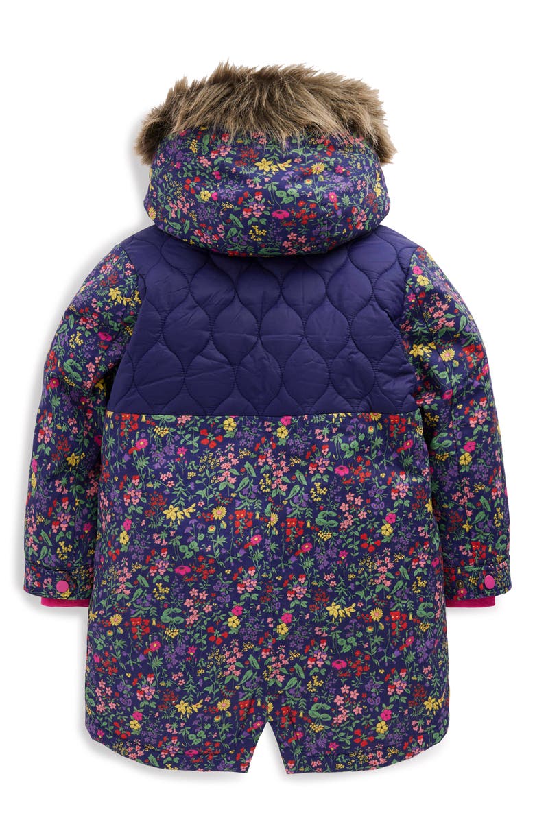 Mini Boden Kids' Water Resistant Quilted Parka with Faux Fur Trim, Alternate, color, Navy Flower Meadow
