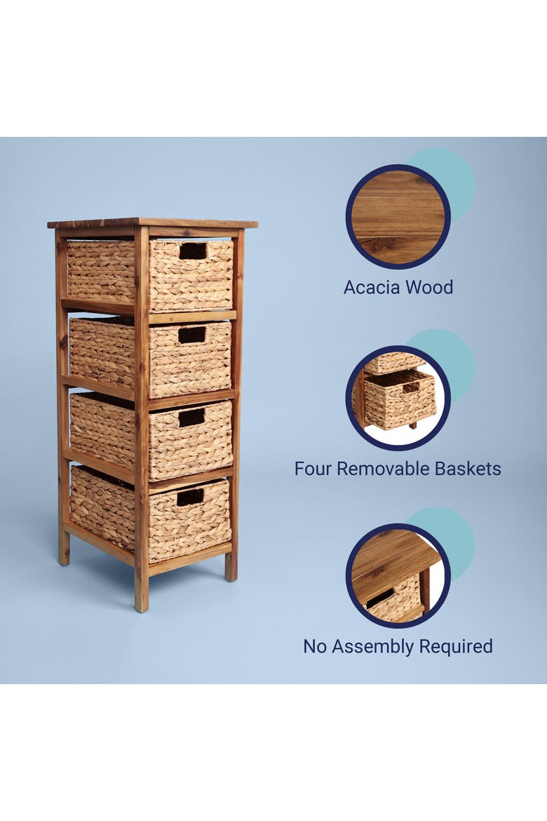 Cohen Coastal Bohemian Handcrafted Acacia Wood 4-Tier Storage Cabinet with 4 Water Hyacinth Woven Baskets, Alternate, color, Natural