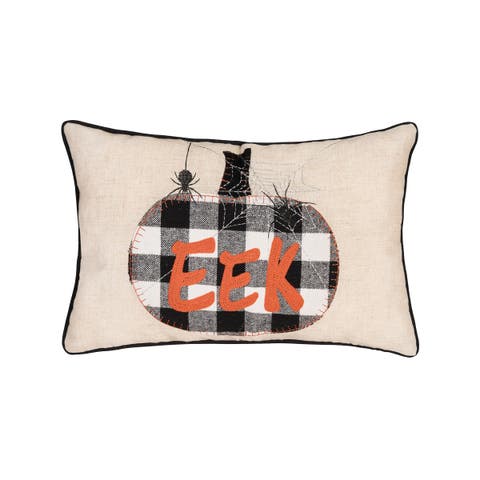 Franklin Plaid Black Pumpkin "Eek" Spider Web Halloween Linen Accent Pillow, 14" x 22"