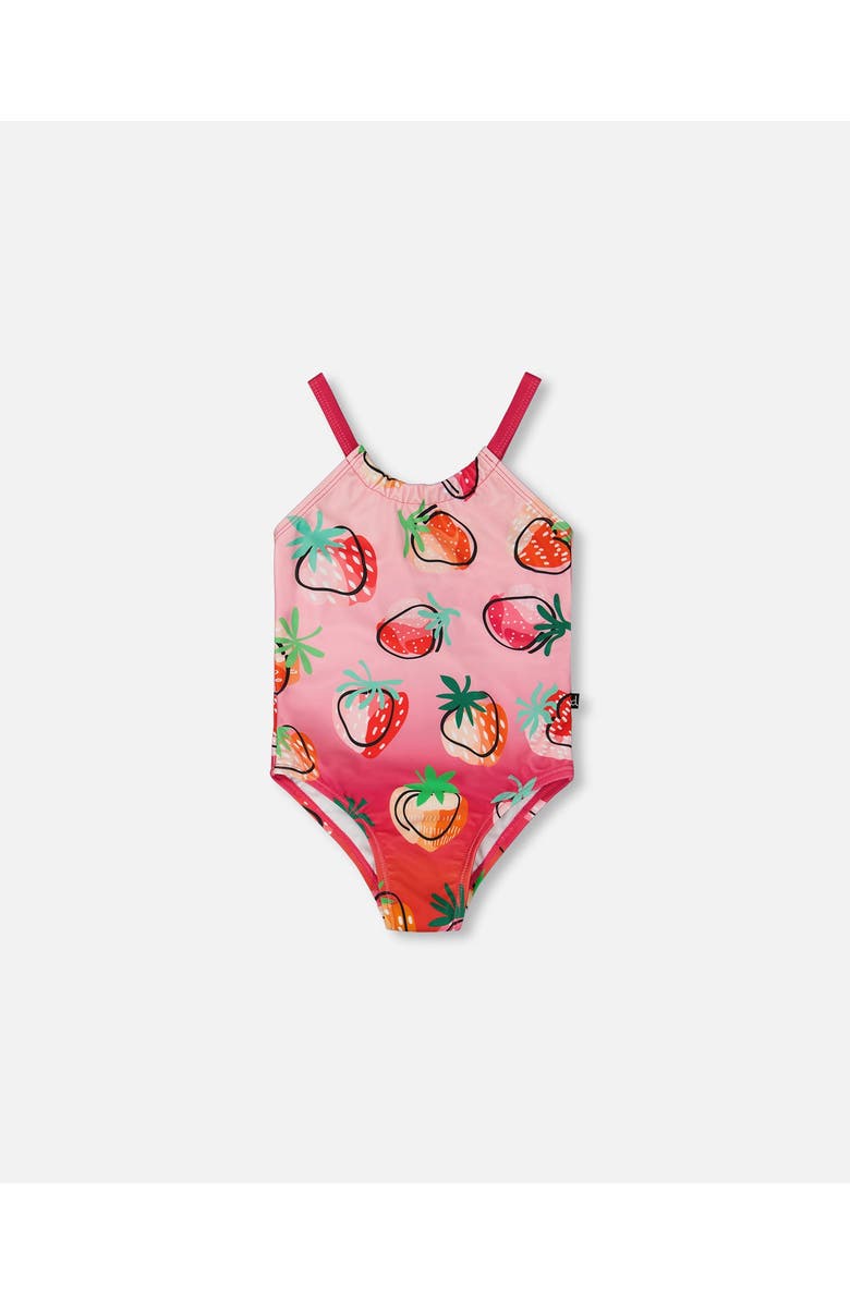 Deux par Deux Little Girl's Printed One-Piece Swimsuit Pink Gradient Strawberry, Main, color, Pink Gradient Strawberry