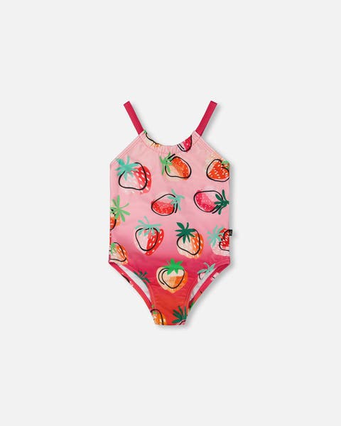 Little Girl's Printed One-Piece Swimsuit Pink Gradient Strawberry