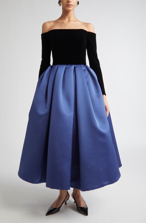 Carolina Herrera Off The Shoulder Long Sleeve Mixed Media Cocktail Dress In Blue