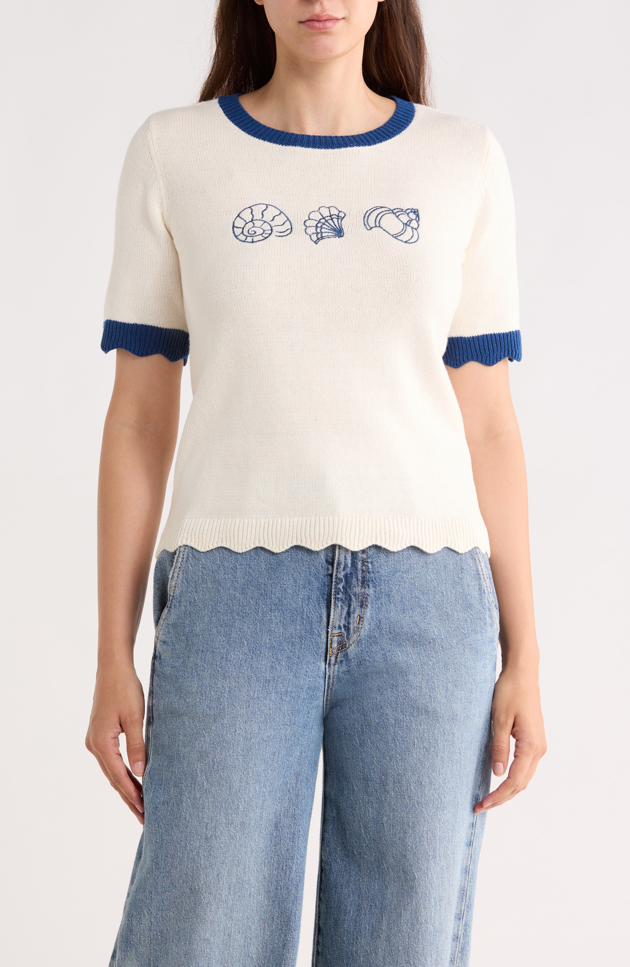 Lucky Brand Shell Embroidered Short Sleeve Cotton Blend Sweater