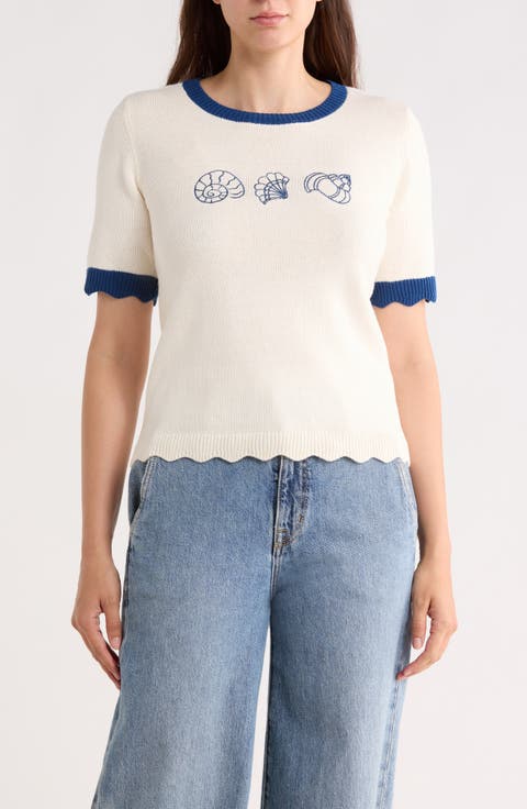 Shell Embroidered Short Sleeve Cotton Blend Sweater
