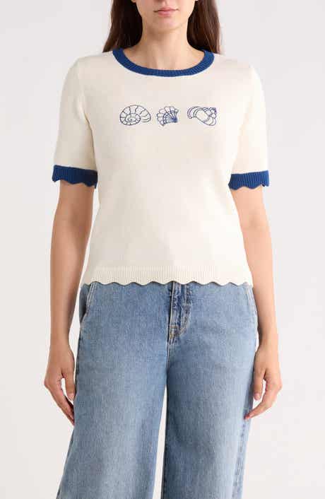 Lucky Brand Shell Embroidered Short Sleeve Cotton Blend Sweater