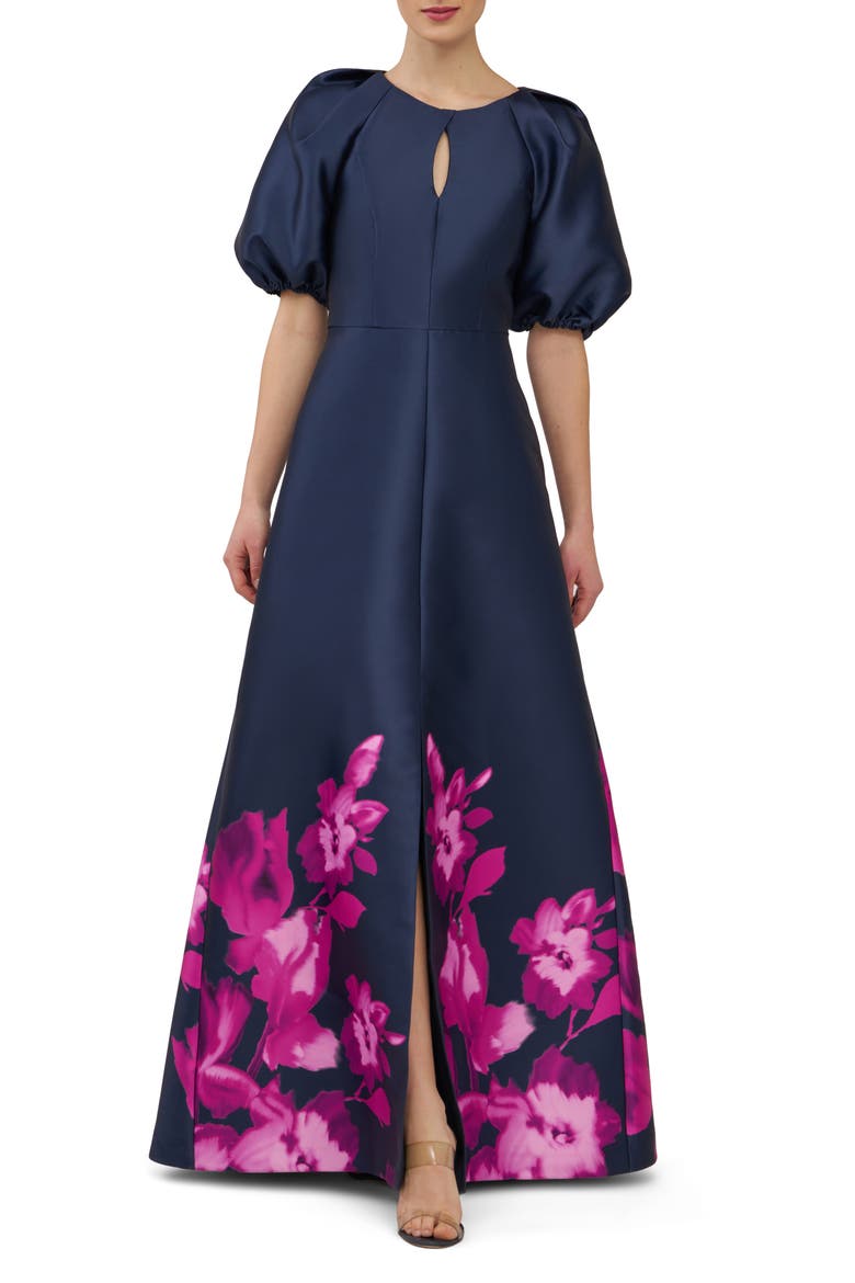 Delfina Puff Sleeve Mikado Gown, Main, color, MIDNIGHT/PINK ZINNIA