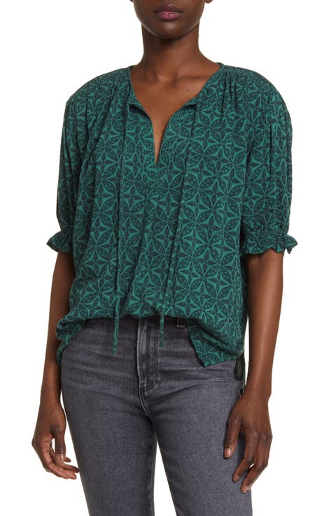 Smocked Shoulder Tie Neck Top