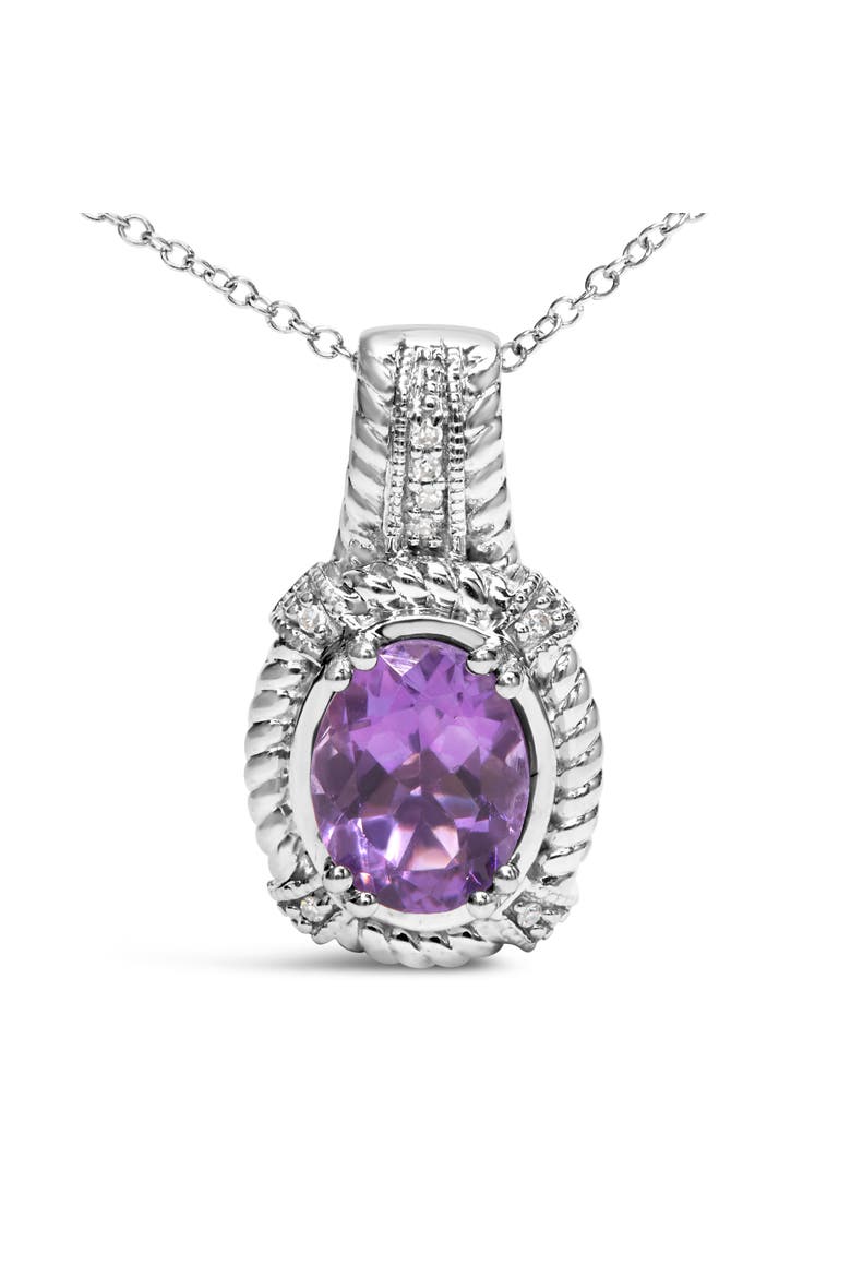 Silver 9x7mm Oval Purple Amethyst and Diamond Accent Fashion Drop Pendant Necklace, Alternate, color, White
