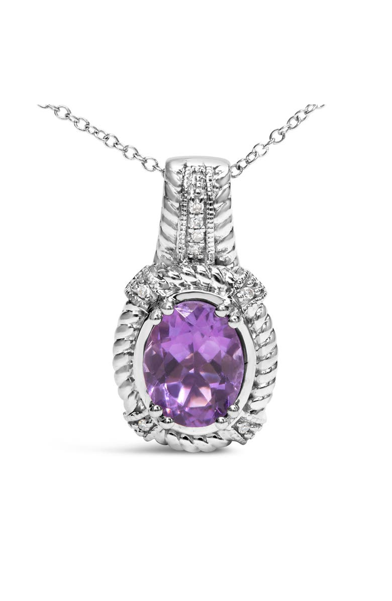 Haus of Brilliance Silver 9x7mm Oval Purple Amethyst and Diamond Accent Fashion Drop Pendant Necklace, Alternate, color, White