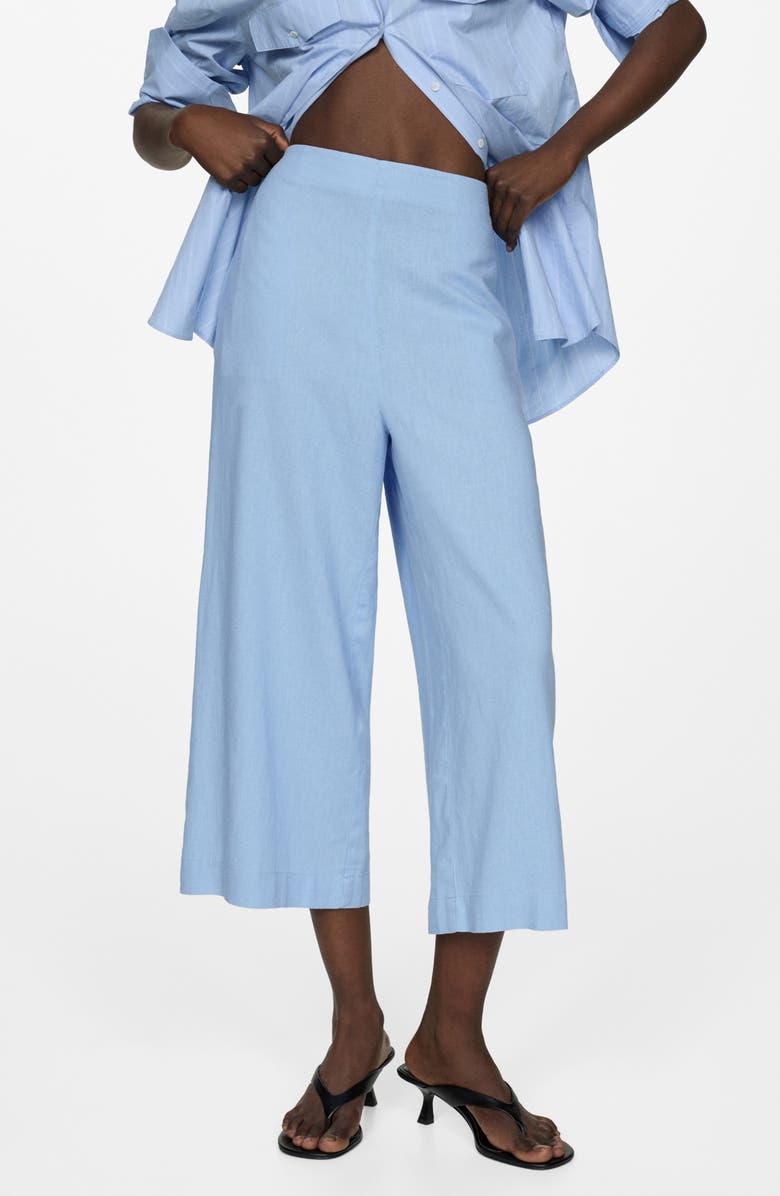 MANGO Linen Blend Crop Wide Leg Pants, Main, color, Sky Blue