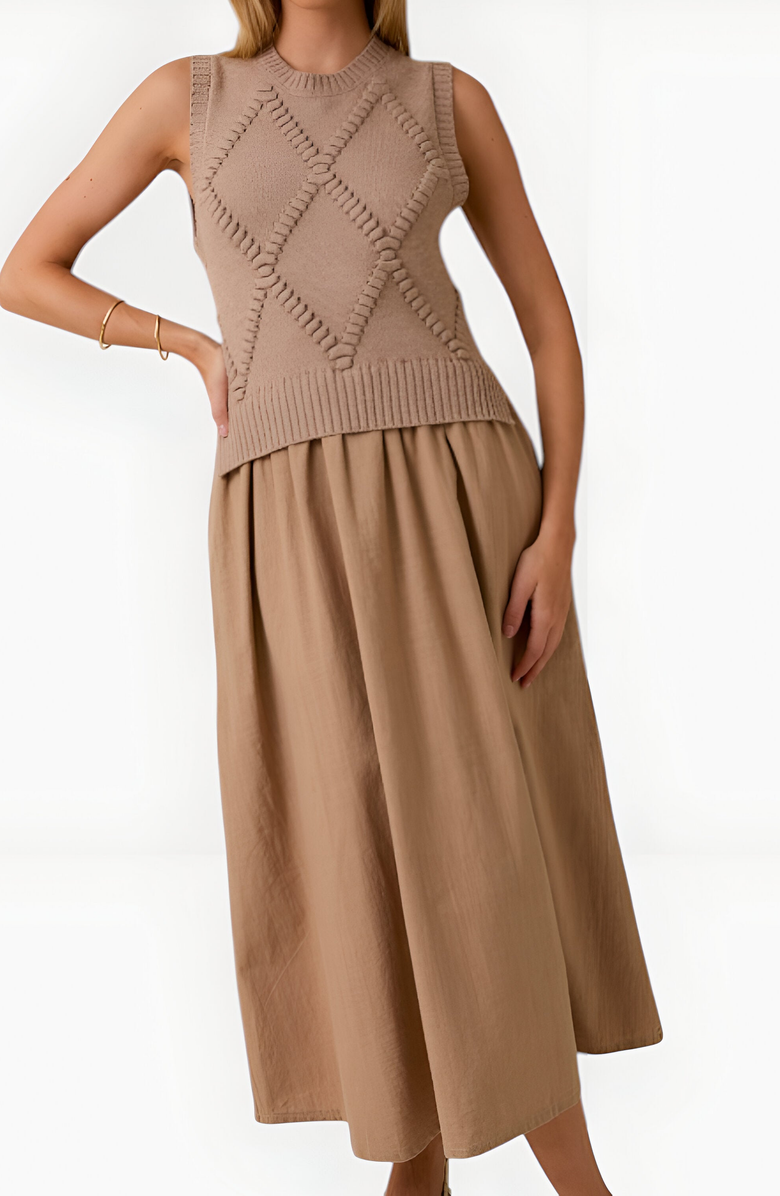 Modenaire Sleeveless Knit Dress with Diamond Texture and Flared Skirt, Alternate, color, 