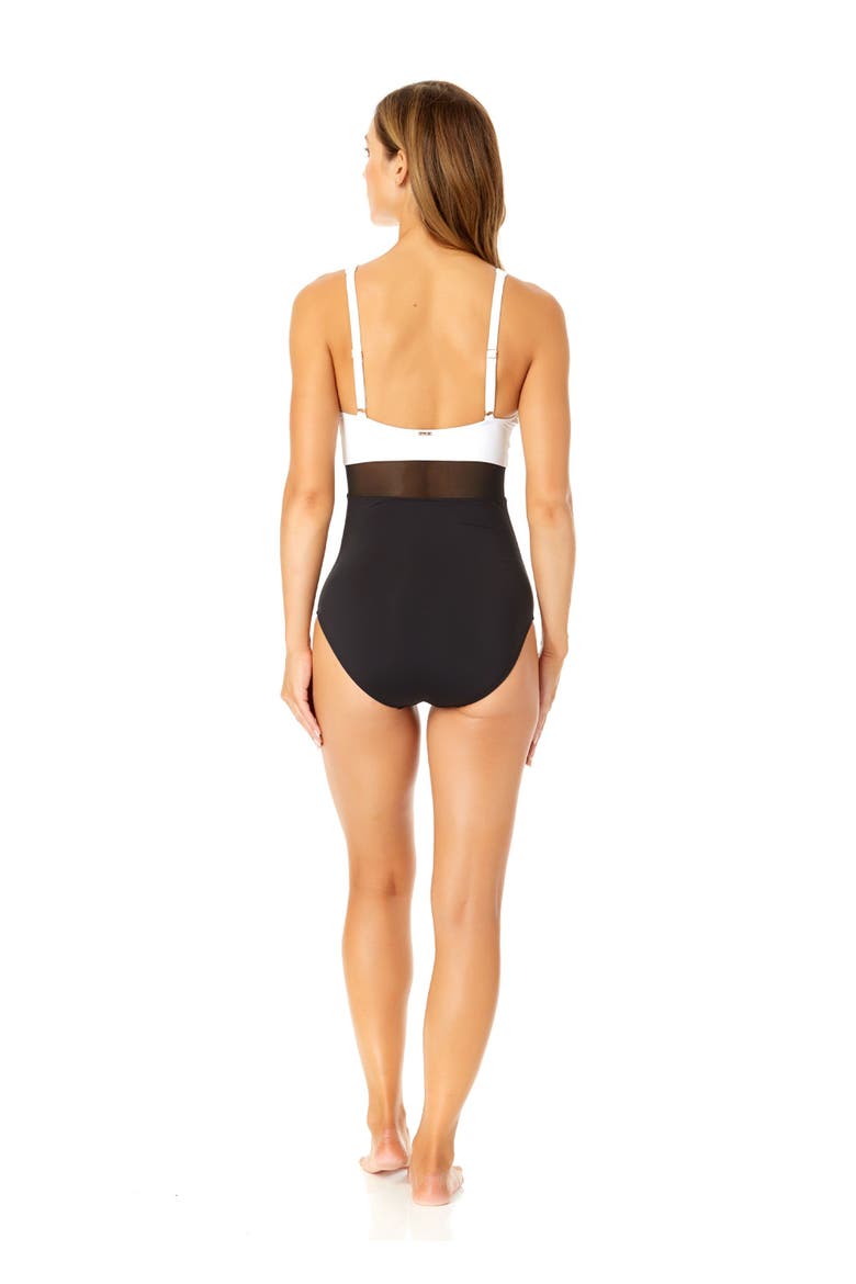 Women's Mesh Around U Ring Mesh Insert One Piece Swimsuit, Alternate, color, Black & White