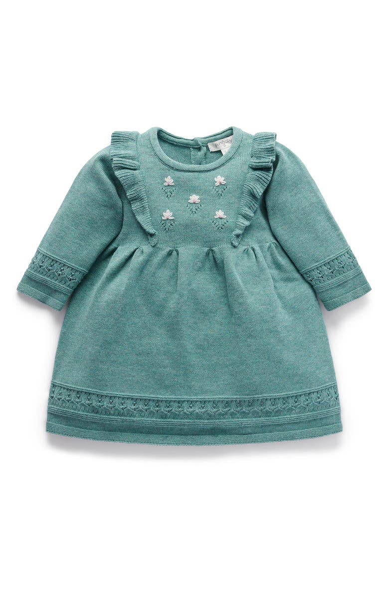 Purebaby Primrose Knitted Dress, Main, color, Pea Green Melange
