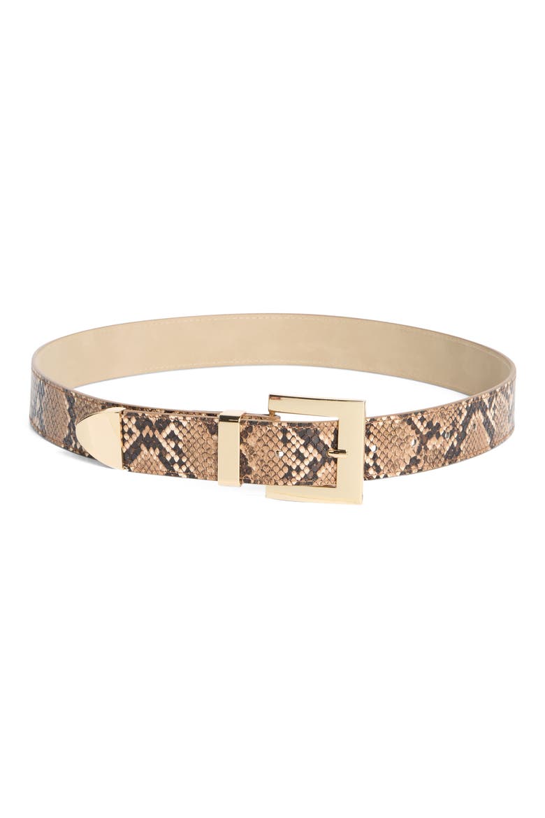 Snakeskin Print Faux Leather Belt, Main, color, BROWN