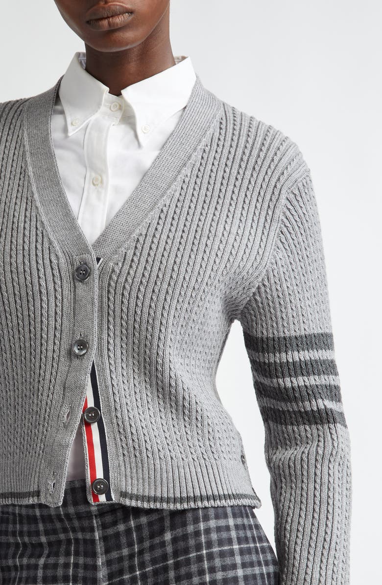 Thom Browne 4-Bar Baby Cable Knit Crop Cardigan, Alternate, color,