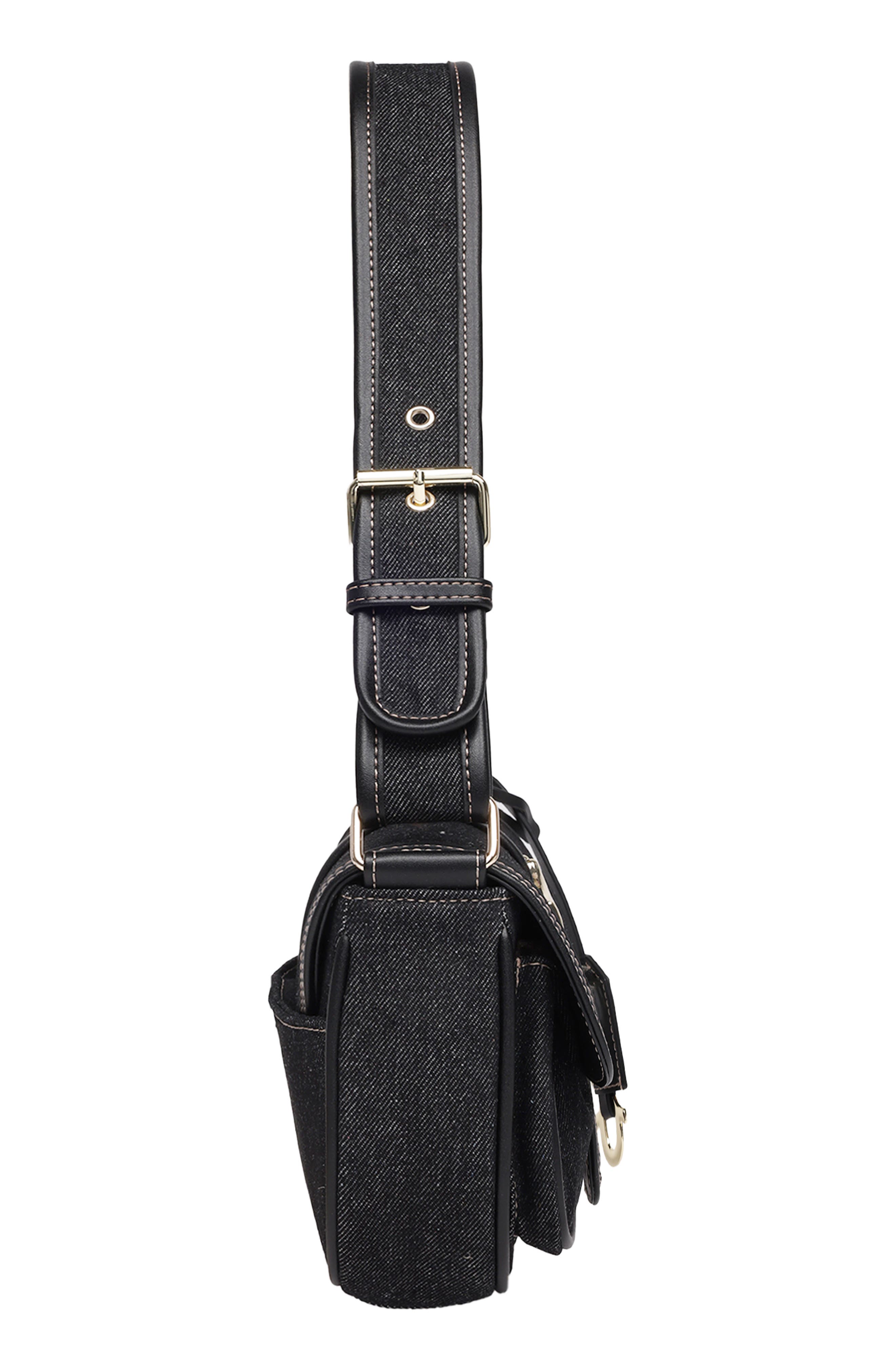 True Religion Double Pocket Denim Satchel, Alternate, color, Black