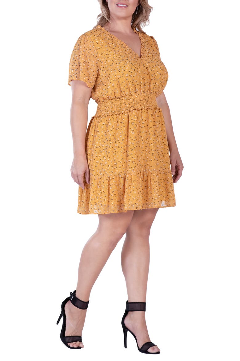 Floral Short Sleeve Fit & Flare Dress, Alternate, color, YELLOW FLORAL