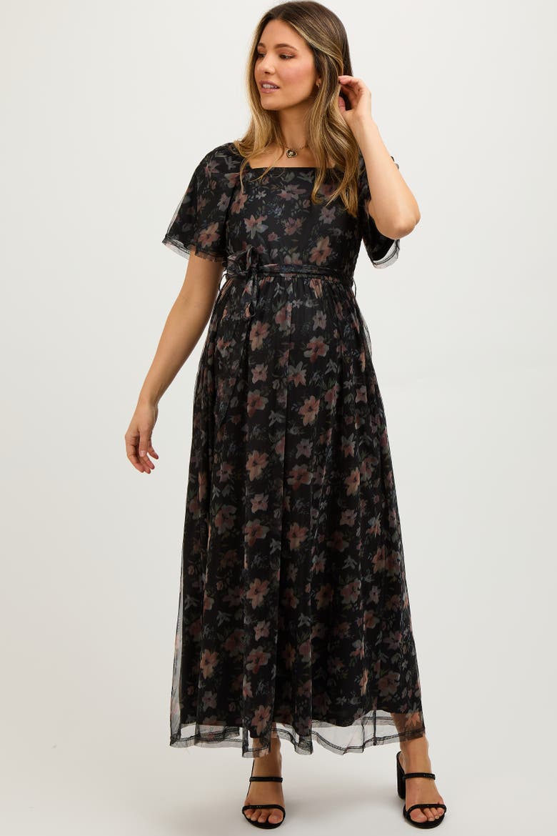 Floral Waist Tie Midi Dress, Alternate, color, Black