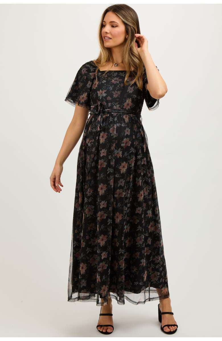 PinkBlush Floral Waist Tie Midi Dress, Alternate, color, Black