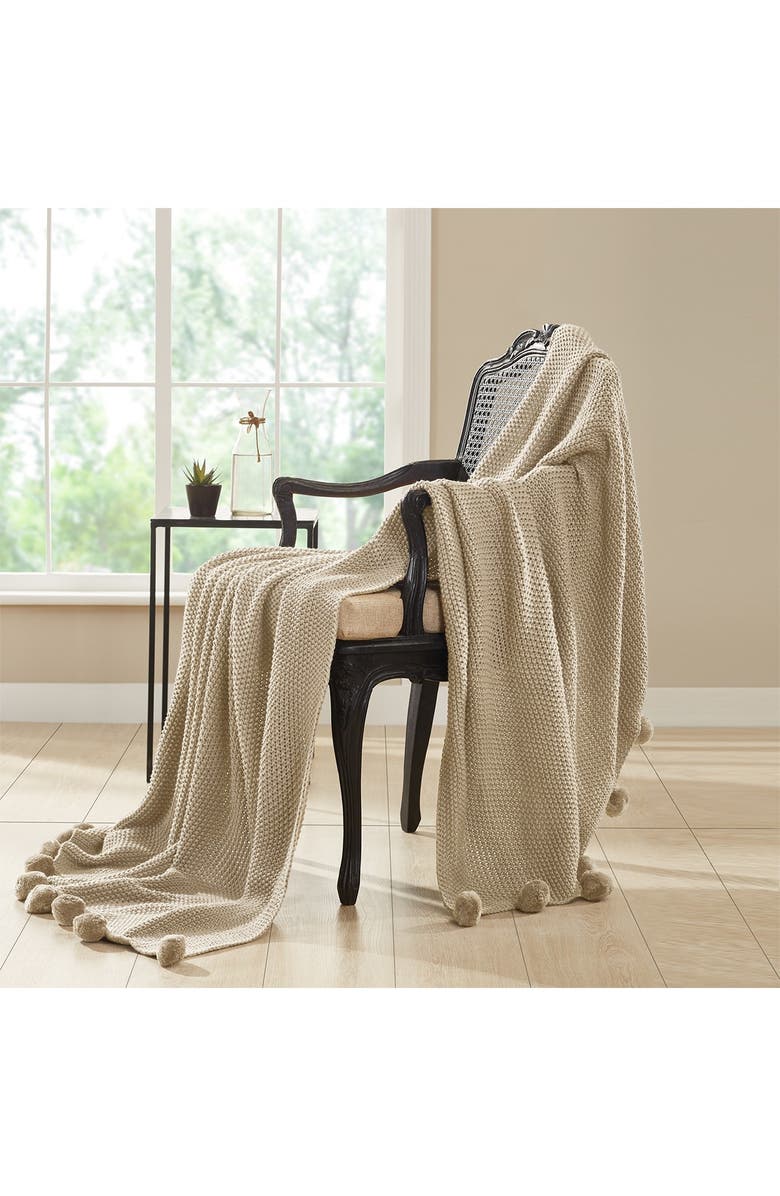 Modern Threads Cable Knit Seed Stitch Pompom Throw - Sand, Alternate, color, 