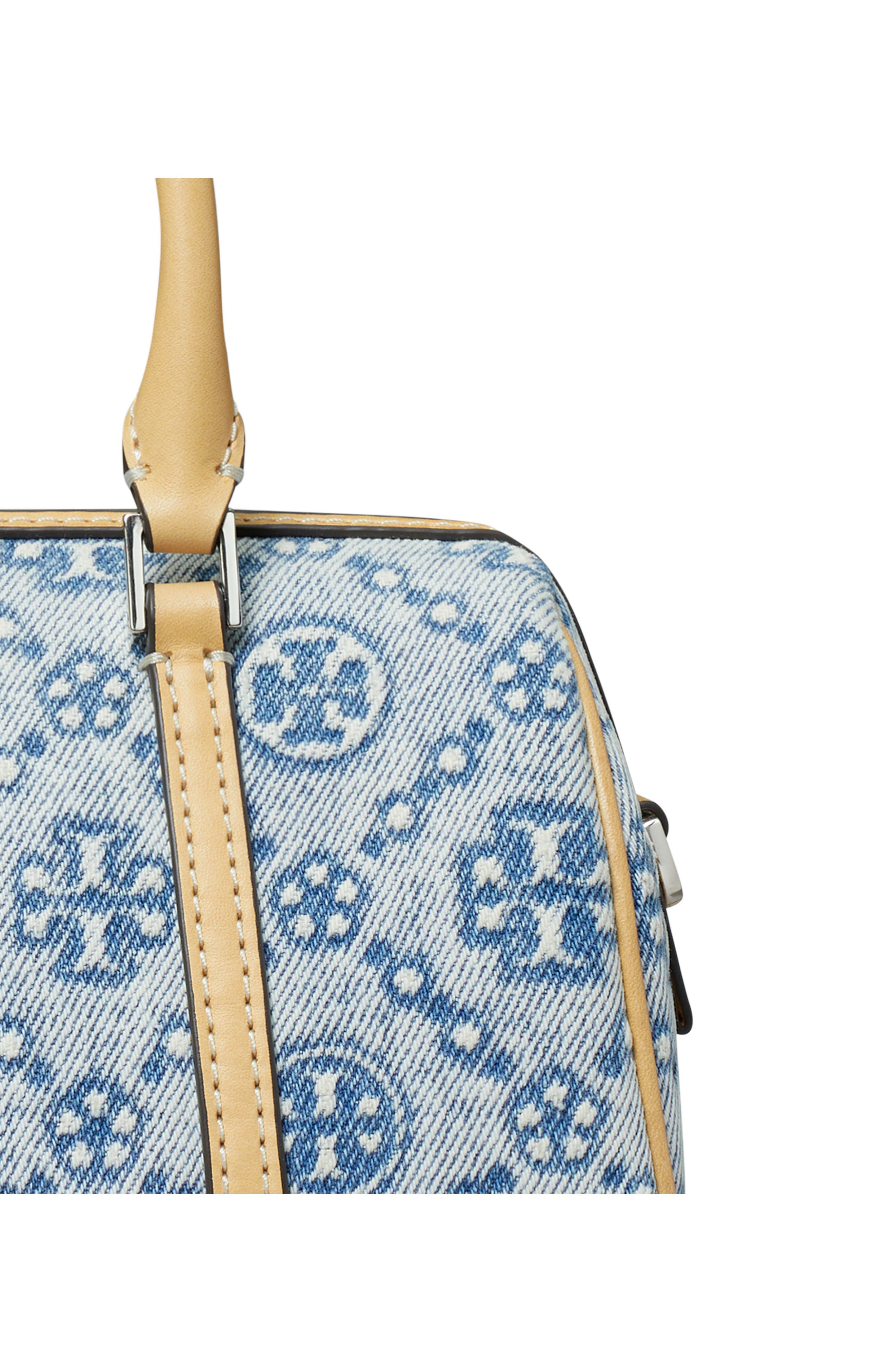 Tory Burch Mini T Monogram Denim Barrel Bag, Alternate, color, Powder Blue