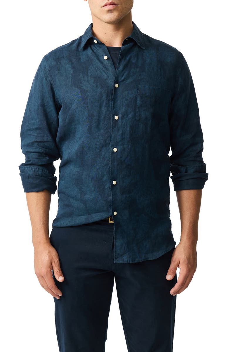 Rodd & Gunn North River Sports Fit Pineapple Print Linen Button-Up Shirt, Main, color, Midnight
