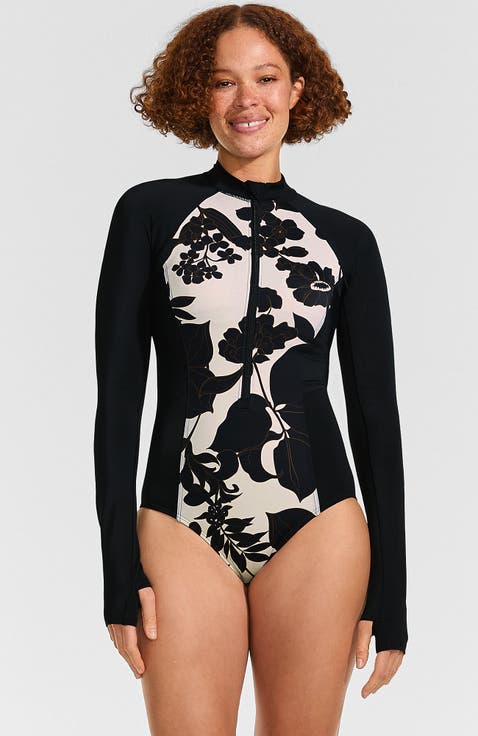 Chlorine Resistant Zip Front Long Sleeve Tugless Sporty One Piece Swimsuit