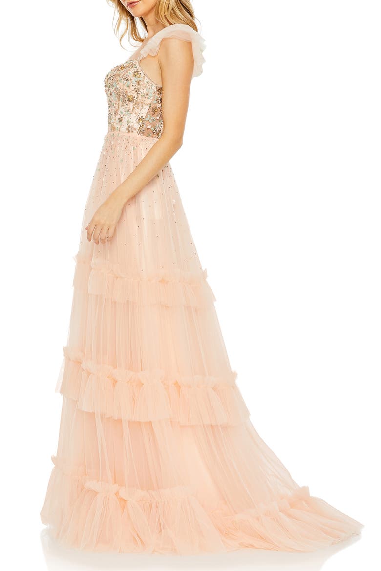 Sequin Bodice Tiered Ruffle Chiffon A-Line Gown, Alternate, color, APRICOT