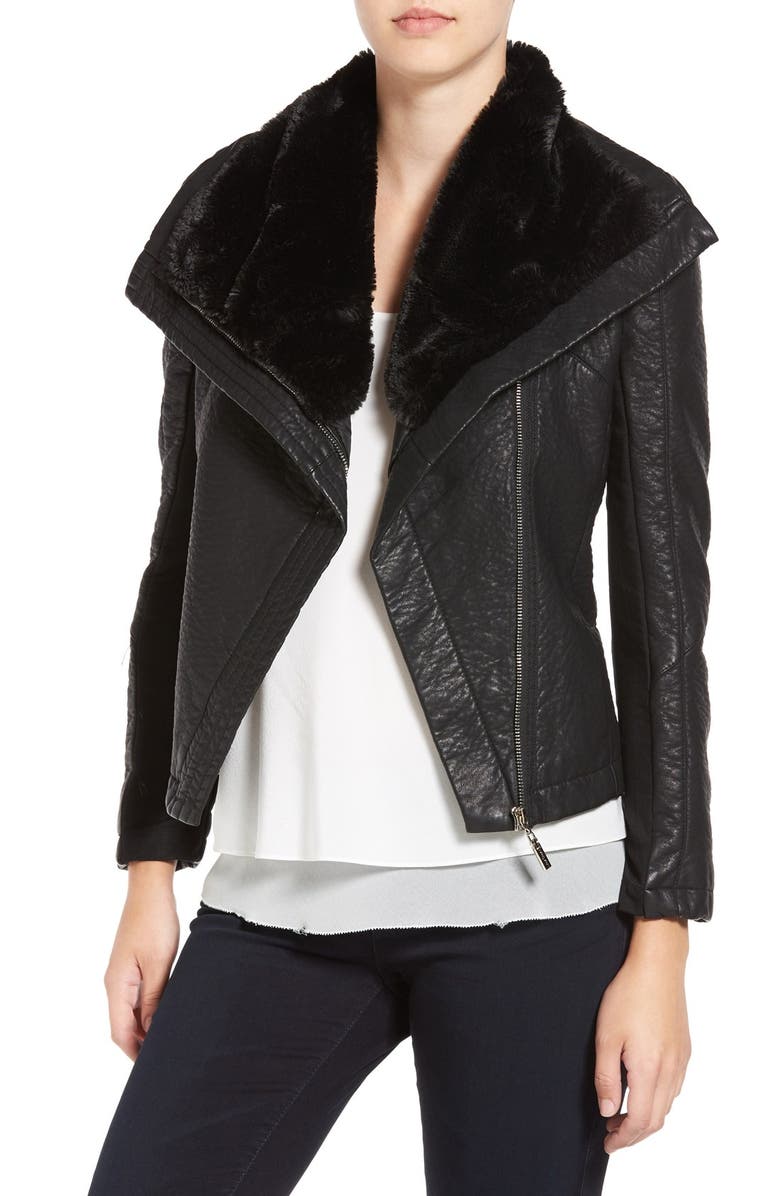 Love Token Faux Leather Jacket with Faux Shearling Trim, Main, color,
