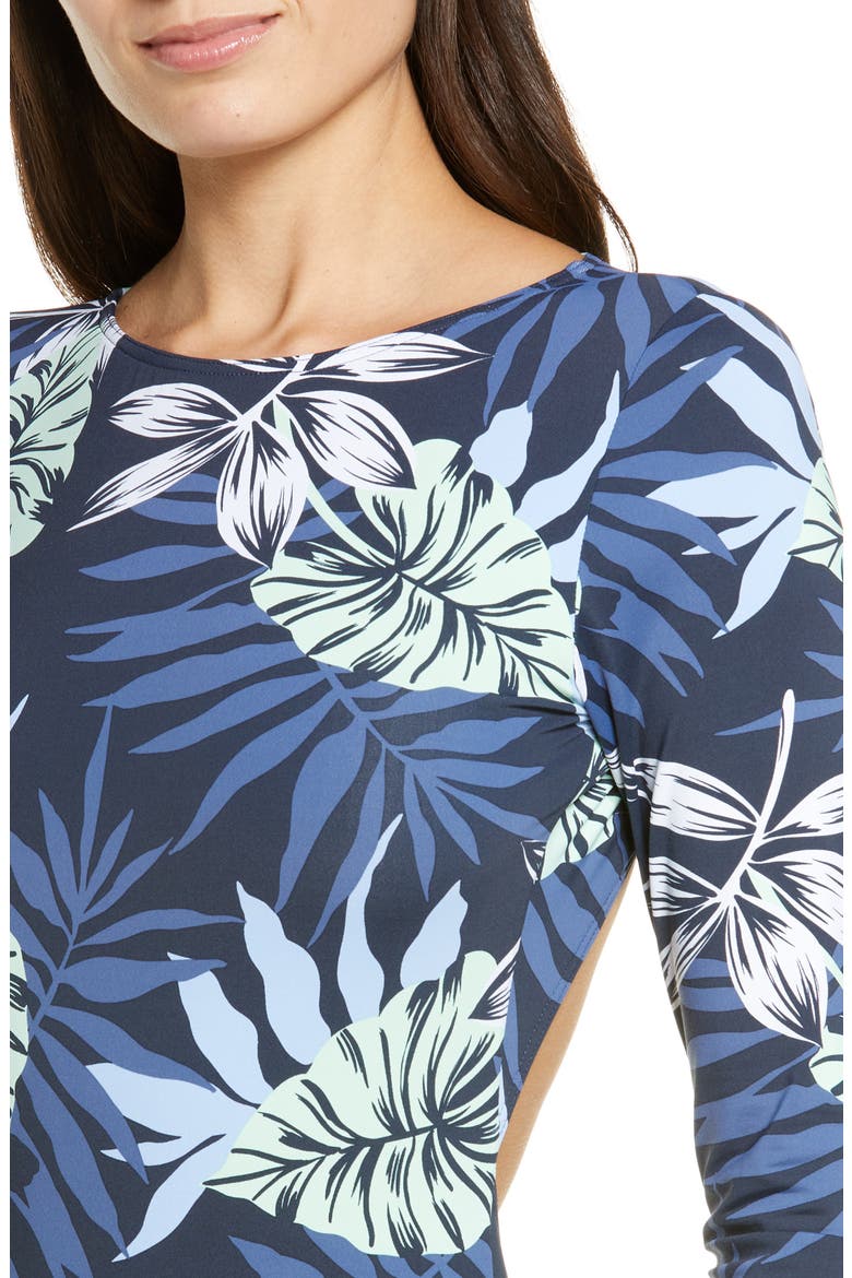 Open Back Long Sleeve One-Piece Swimsuit, Alternate, color, MOOD INDIGO SEASIDE TROPICS