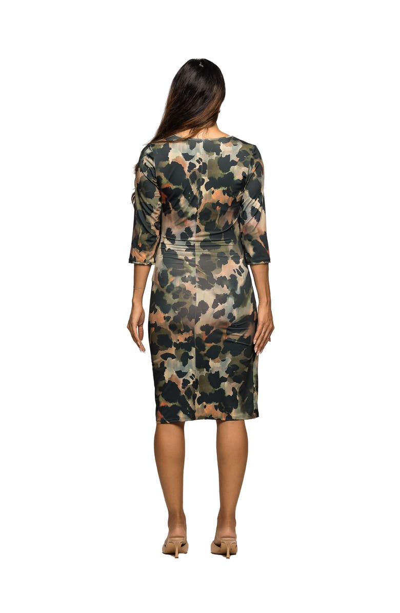 24seven Comfort Apparel Three Quarter Sleeve Faux Wrap Dress in Animal Print, Alternate, color, Green Multi