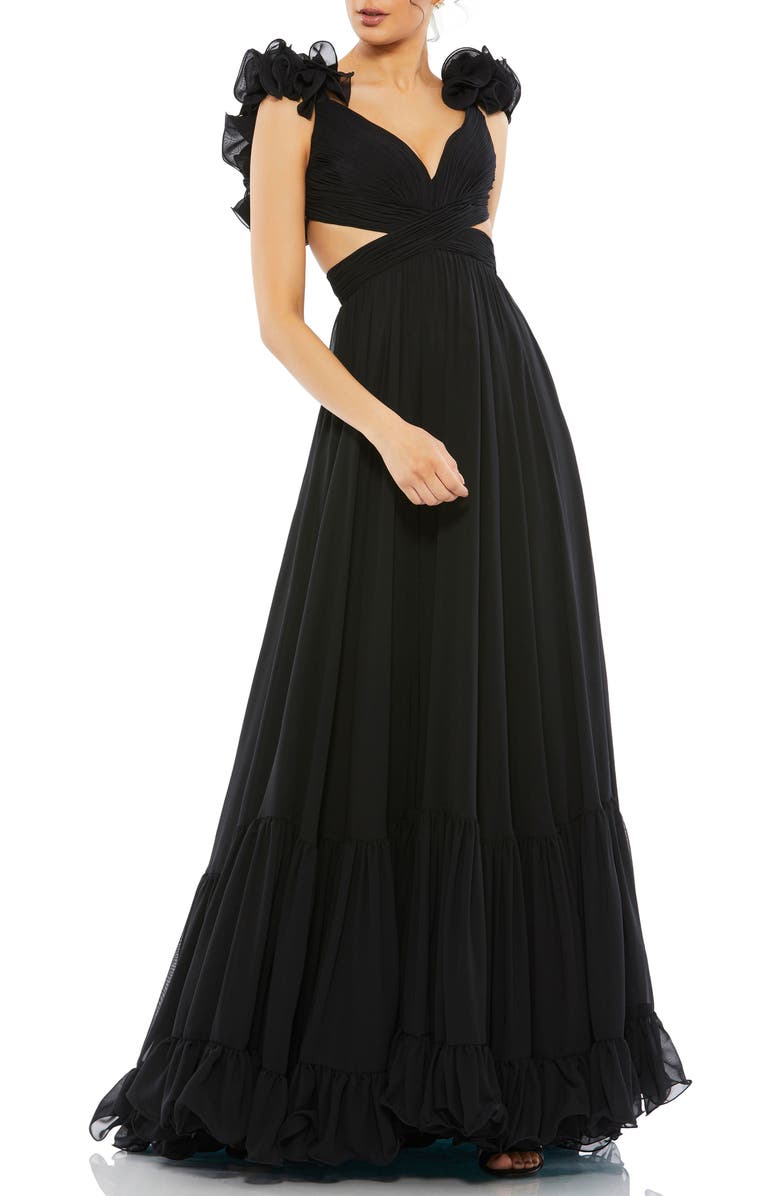 Mac Duggal Sleeveless Ruffle Tiered Cut-Out Chiffon Gown, Main, color, Black
