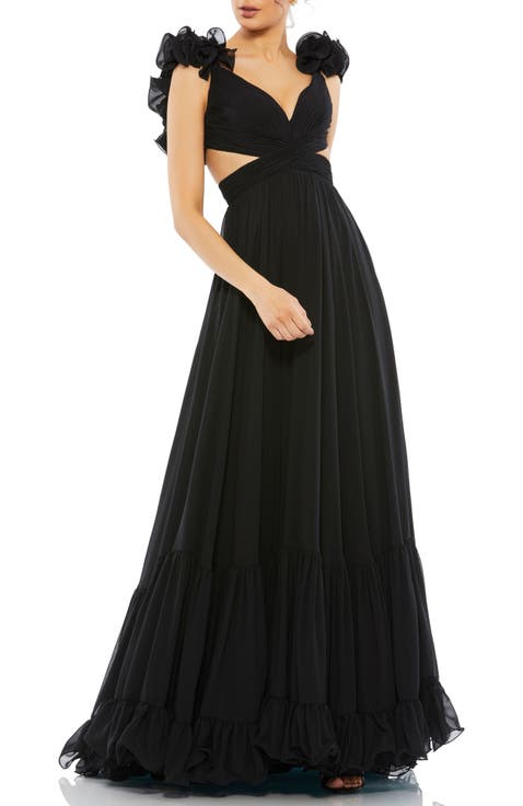 Sleeveless Ruffle Tiered Cut-Out Chiffon Gown