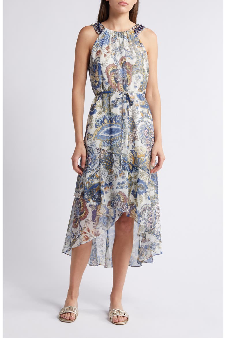 Allison Floral Beaded Belted High-Low Sleeveless Dress, Main, color, BLUE/ IVORY MULTI