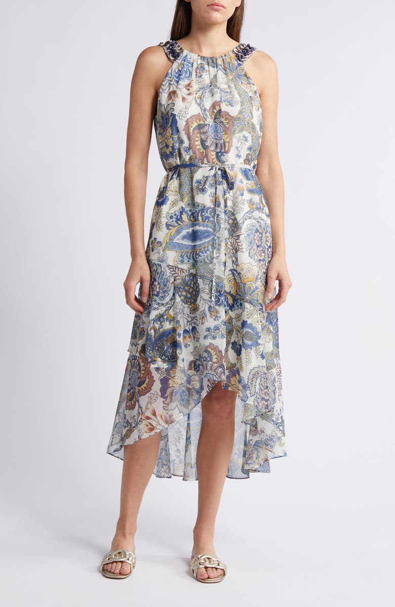 KOBI HALPERIN Allison Floral Beaded Belted High-Low Sleeveless Dress, Main, color,