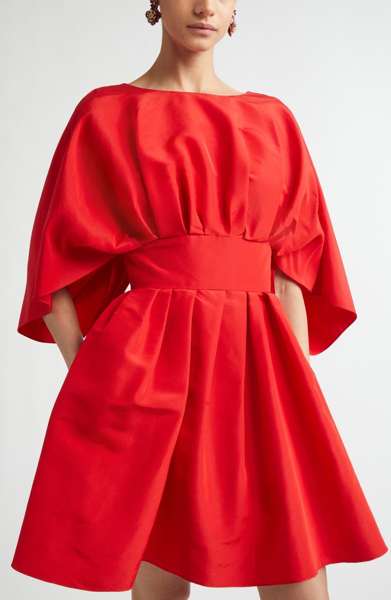 Carolina Herrera Fan Bodice Silk Faille Fit & Flare Dress, Alternate, color, Herrera Red