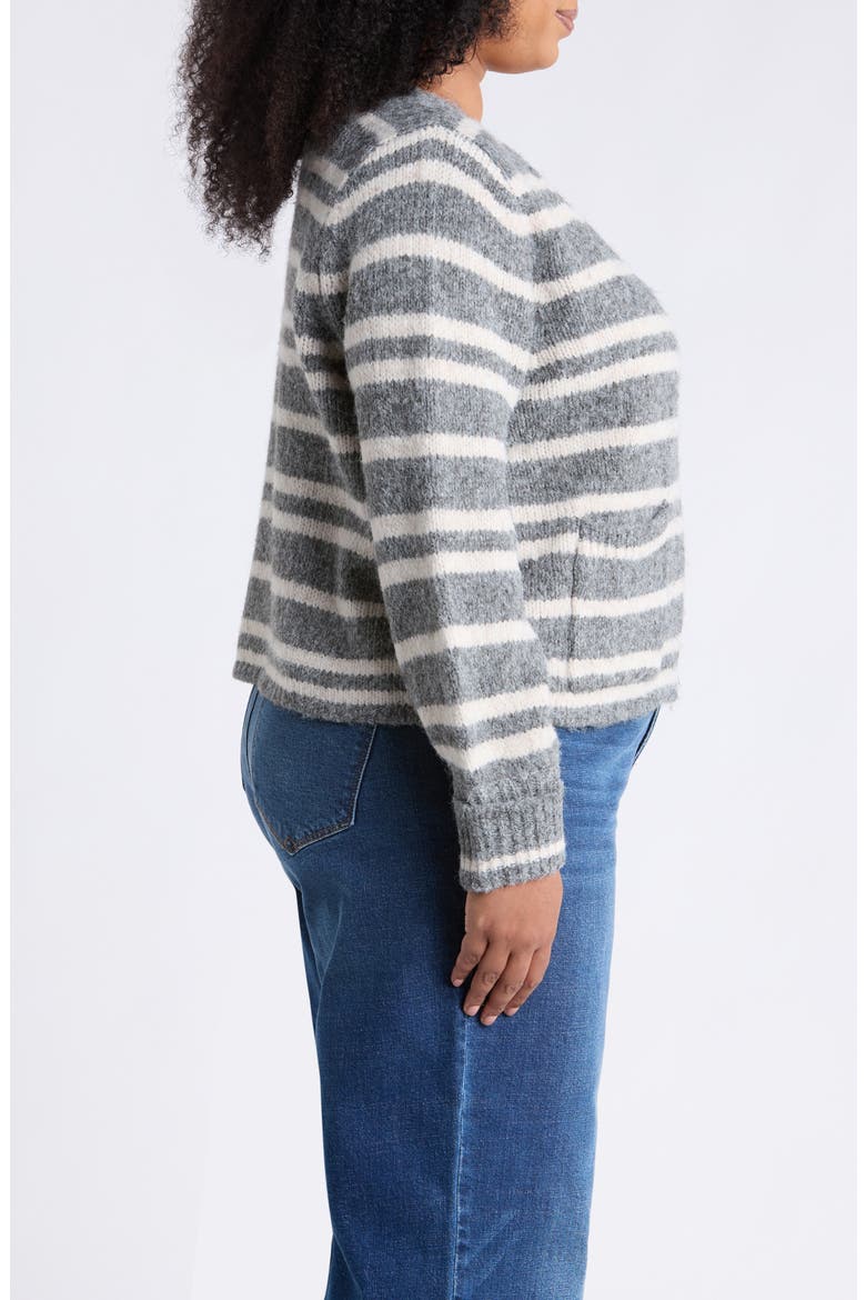 Striped Blouson Sleeve Cardigan, Alternate, color, LIGHT GREY/ ECRU