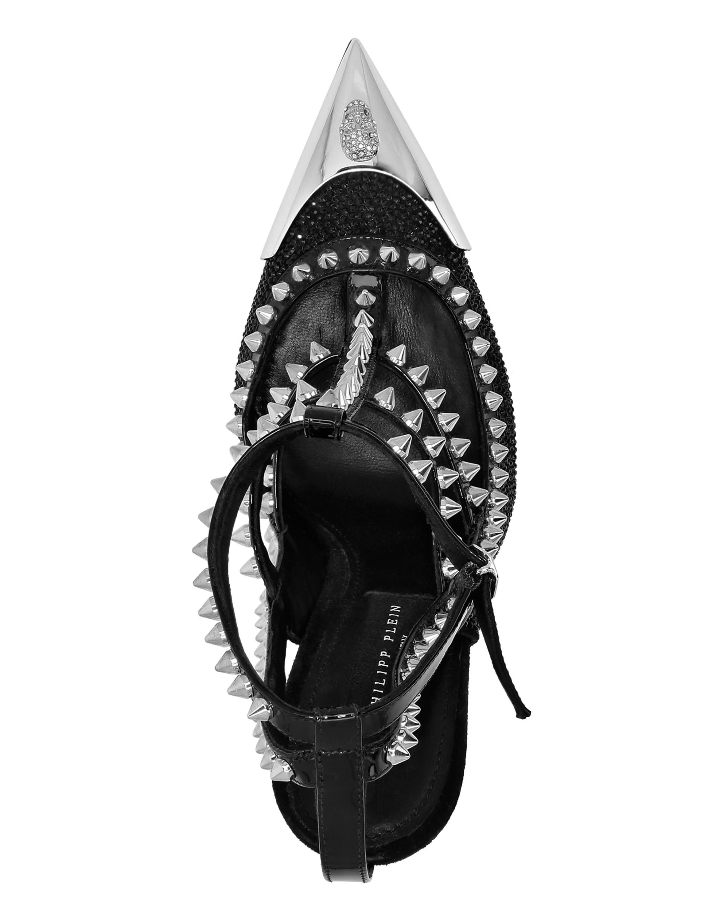 Leather Strass Sandals High Heels Studs Women, Alternate, color, black