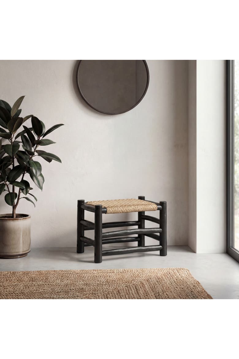 Chuck Bohemian Handcrafted Woven Synthetic Rattan Seat and Wood Indoor/Outdoor Backless Accent Stool, Alternate, color, Black